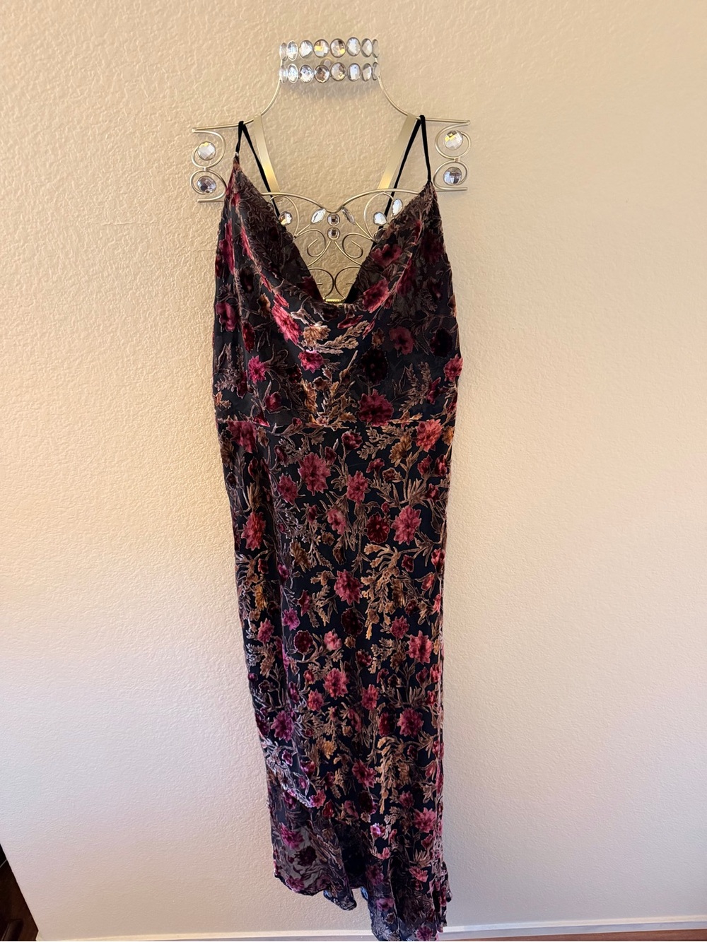 Forever 21 Black Velvet Floral Slip Dress with Pink & Gold Accents